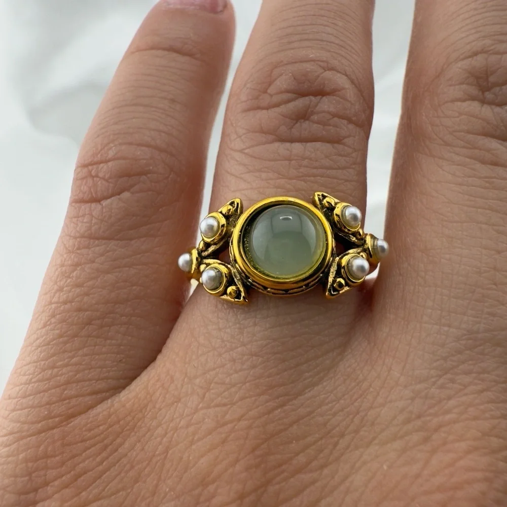 Vintage Gold color green rhinestone and Pearl adjustable Ring